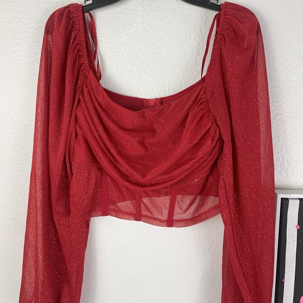 NWOT Crystal Sky Long Sparkly Sleeves, Crop Top Size S. Never Worn RED